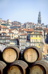 Fototapeta na wymiar Port wine barrels on a boat on River Douro