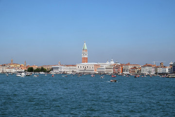 Fototapeta na wymiar Cityscape of Venice. View from cruise ship at Adriatic sea, Venice, Italy