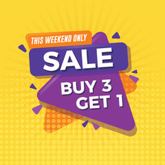 Sale banner with yellow background. Buy 3 get 1