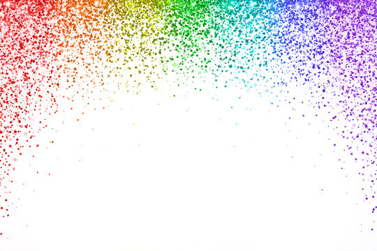 Rainbow Falling Confetti On White Background, Arch Shape. Vector