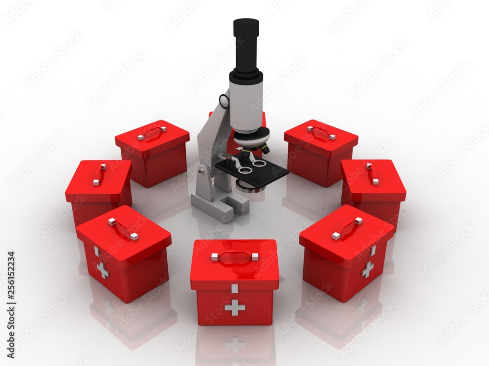Poster 3d rendering microscope with first aid box