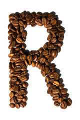Roasted coffee bean letter R isolated on white