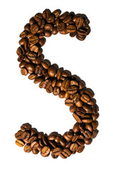 Roasted coffee bean letter S isolated on white