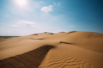 Desert with sand dunes on a clear sunny day. Desert landscape.