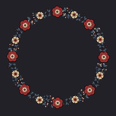 Floral greeting card and invitation template for wedding or birthday anniversary, Vector circle shape of text box label and frame, Vintage flowers wreath ivy style with branch and leaves.