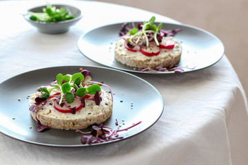 Table setup with healthy sandwiches with curd cheese, radishes and micro greens (sprouts) 