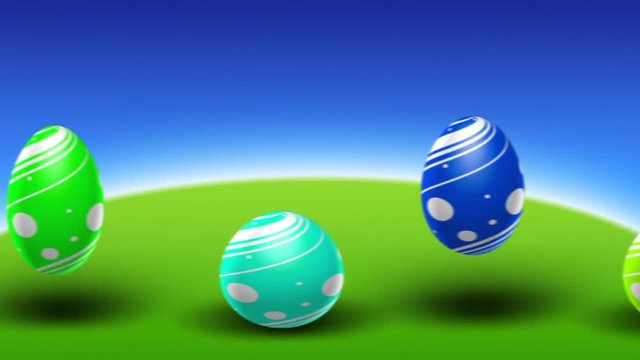 Colorful Line of Easter Eggs Hop Through the Screen - Green Grass and Sky - 3D Animation.