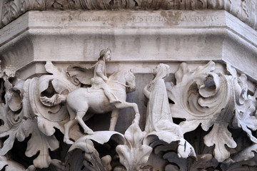 Medieval reliefs from Doge's Palace capital in Saint Mark Square, Venice, Italy, UNESCO World Heritage Sites 