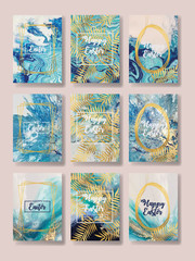 Fototapeta na wymiar happy easter. the big set of liquid marble with gold. flyer, business card, flyer, brochure, poster, for printing. trend vector