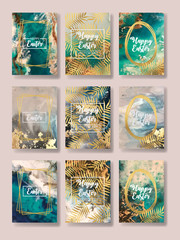 Fototapeta na wymiar happy easter. the big set of liquid marble with gold. flyer, business card, flyer, brochure, poster, for printing. trend vector