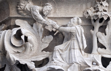 Medieval reliefs from Doge's Palace capital in Saint Mark Square, Venice, Italy, UNESCO World Heritage Sites 