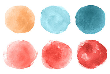 A set of abstract watercolor round brush strokes on white background