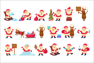 Obraz na płótnie Canvas Set with funny Santa Claus in different poses. Merry Christmas and Happy New Year. Reindeer, bag with gifts, children s letters, tree, snow. Flat vector for greeting card