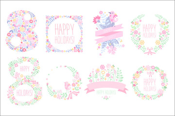 Cute set with floral elements in gentle colors. 8 March. International women s day. Happy holiday. Spring time. Original flat vector for greeting cards or posters