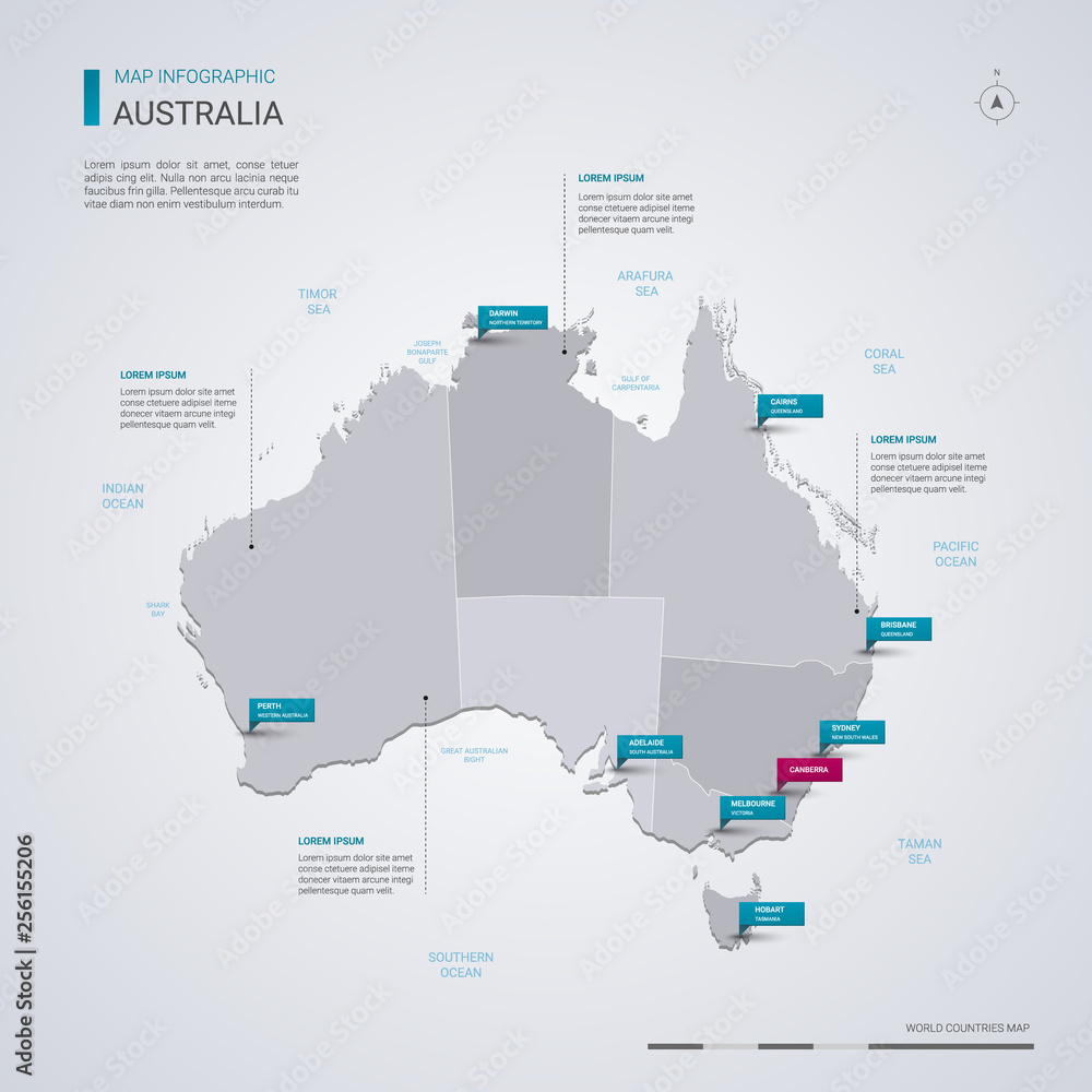 Wall mural australia vector map with infographic elements, pointer marks.