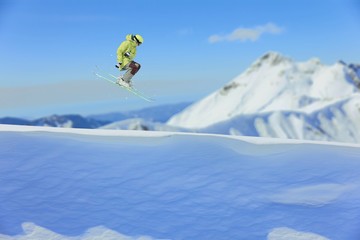 Naklejka na ściany i meble Flying skier on snowy mountains. Extreme winter sport, alpine ski.