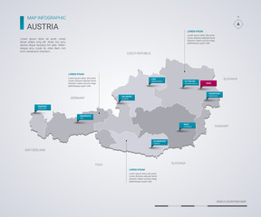 Austria vector map with infographic elements, pointer marks. - obrazy, fototapety, plakaty