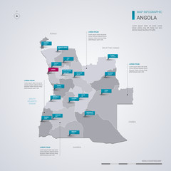 Angola vector map with infographic elements, pointer marks. - obrazy, fototapety, plakaty