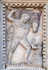 Hercules and the Erymanthian boar, facade detail of St. Mark's Basilica, St. Mark's Square, Venice, Italy, UNESCO World Heritage Sites 