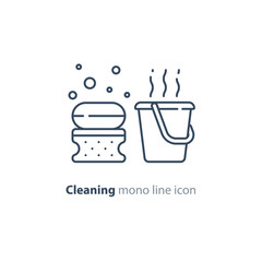 Sanitation objects set, cleaning equipment items and services, line icons