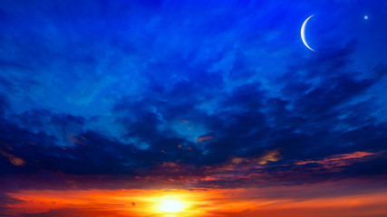 New moon. Prayer time. Generous Ramadan. Mubarak background. A decline or rising with clouds.