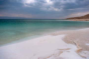 Salt formations on Dead sea coastline in Jordan