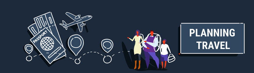 parents and son standing together family planning travel concept holiday route people choosing hotel and tickets booking sketch flow style horizontal banner