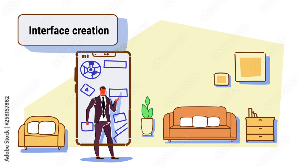 Poster business man developer using mobile application interface creation development concept business man 