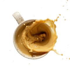Cup of coffee isolated on white. Coffee splash. Top view, close-up.