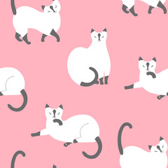 Cats. Seamless pattern with white pets on a pink background. Isolated vector silhouettes of cats in different positions.