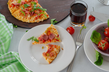 Slice of tasty pizza on the white plate.