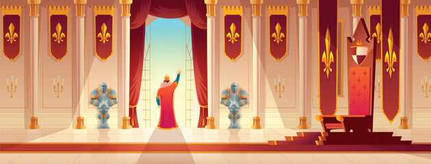 Medieval ruler coronation ceremony, celebrating victory in war cartoon vector concept. Throne on pedestal, knight guards and emperor or king greeting crowd from palace or castle balcony illustration © vectorpocket
