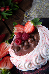 pavlova with fresh fruits and chocolate