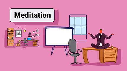 businessman sitting lotus pose on table workplace desk business man keeping calm yoga meditation concept modern office interior sketch doodle horizontal