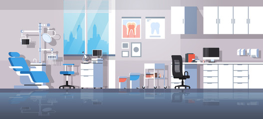 professional dentist workplace chair and tools dental room cabinet tooth care concept modern clinic office interior flat horizontal banner