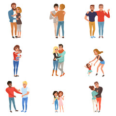 Set with hugging people. Friends, girlfriends, brothers, mothers and kids, couples in love. Cartoon characters with happy faces. Flat vector design