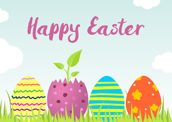 Fototapeta na wymiar Happy Easter card. Vector multicolored Easter eggs on the grass. Green sprout in the egg shell