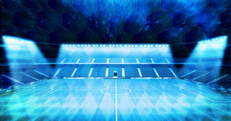 Blue theme night lighting on football stadium background, 3D rendering © athitat