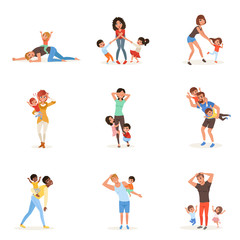 Cartoon set of tired young parents in different poses. Fathers, mothers, little boys and girls. Kids want to play. Reality of parenthood. Family action. Flat vector