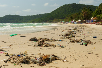 Fototapeta na wymiar Plastic rubbish and pollution on Sao Beach Phu Quoc Island, Vietnam.