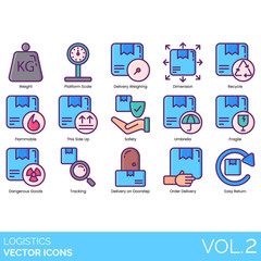Logistics icons including weight, platform scale, weighing, dimension, recycle, flammable, this side up, safety, umbrella, fragile, dangerous goods, tracking, delivery on doorstep, order, easy return.