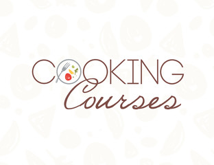 Vector cooking courses logo design template with plate, fork, healthy food isolated on light pattern backdrop. Flat style. Good for world cuisine courses, chief classes, restaurant advertising, banner
