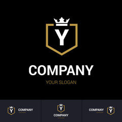 Illustration of Shield Badge-Shape with letter Y in the Middle and Luxury Crown. Logo Icon Template for Web and Business Card, Letter Logo Template on Black Background