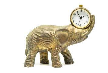 isolated bronze elephant with a clock on a white background
