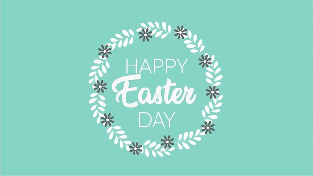 Happy Easter text, animated footage in 4K. Close up text and wreth on green background. Luxury and elegant dynamic style holiday template in video format.