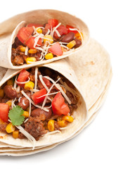 wrapped tortilla stuffed with beef chili and grated swiss cheese