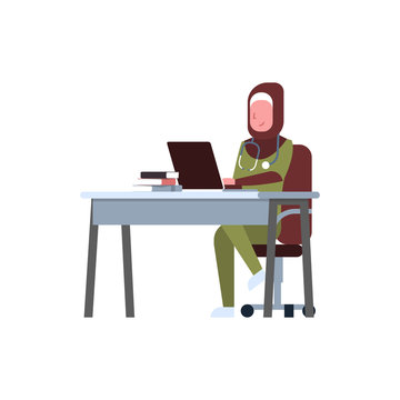 arab female doctor using laptop at workplace desk arabic woman in hijab and uniform hospital medicine worker cartoon character full length white background flat