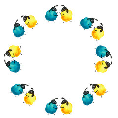 Hand drawn watercolor illustration funny cartoon dancing sheeps frame invitation yellow  blue orange  on white background