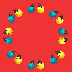 Hand drawn watercolor illustration funny cartoon sheeps yellow  blue purple orange  on coral background