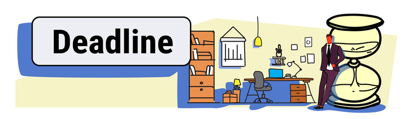 businessman leaning on sand clock deadline time management concept business man office manager workplace office interior sketch doodle horizontal banner